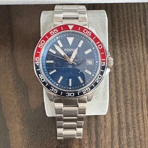 Fossil Silver Watch with Blue Dial and Red Bezel